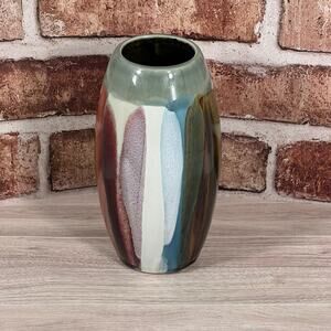 VTG Hand Decorated Studio Pottery Ceramic Vase Drip Glaze Neutral Multi Color